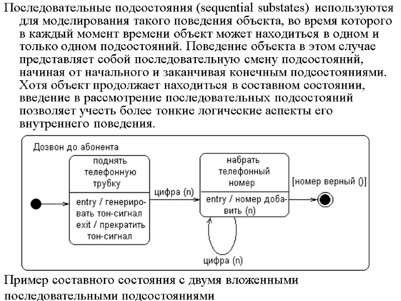 Последовательные подсостояния (sequential substates) используются для моделирования такого поведения объекта, во время которого в